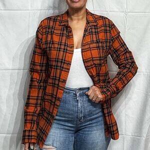 Divided Orange Plaid Long Sleeve Oversized Button Up Sz S